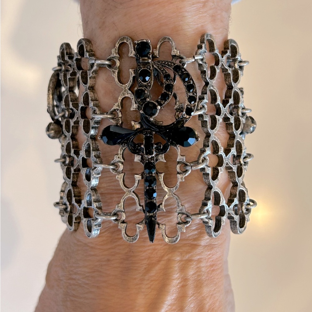 Filigree Metal & Black Crystal Cuff Bracelet